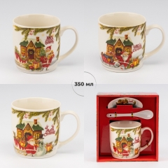Кружка з блюдцем та ложечкою "Funny Santa", 350 мл * Рандомний вибір дизайну (9250-028)