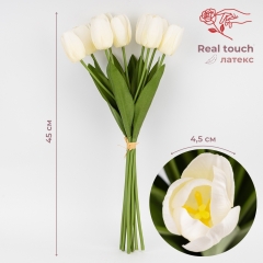 Букет тюльпанів з ефектом живого дотику, 9 бутонів, білий, 45 см (2025-022)