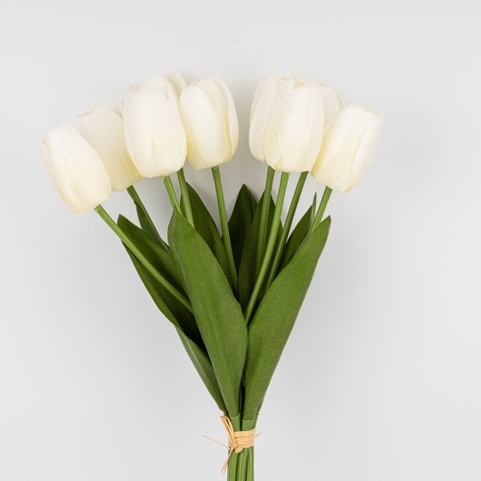 Букет тюльпанів з ефектом живого дотику, 9 бутонів, білий, 45 см (2025-022)