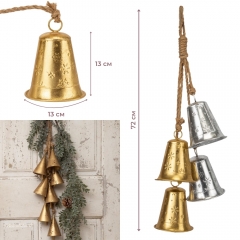 Підвіска з 4 металевих дзвіночків, срібно-золота, 72 см (6034-001)