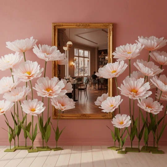 Большие ростовые декоративные цветы на стойке, бело-оранжевые, 165 см (2030-006)