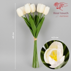 Букет тюльпанів з ефектом живого дотику, 9 бутонів, білий, 45 см (2025-022)