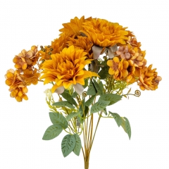 Букет "Цветочный ансамбль" (6 георгин и 3 гортензии), горчично-желтый, 45 см (9213-005)