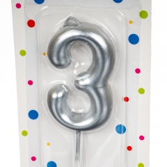 Свічка для торта, срібло "3" (8226-003)