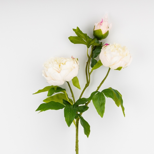 Искусственный пион с 3 бутонами с эффектом живого прикосновения, белый, 80 см (2025-009)